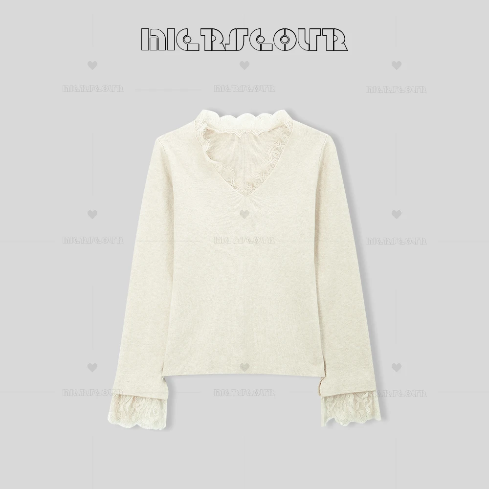 【浅雪山茶】秋冬新款温柔蕾丝边内搭针织上衣126