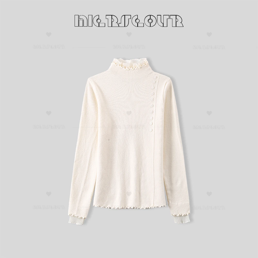 2024秋季新款简约半高领花边针织上衣2329