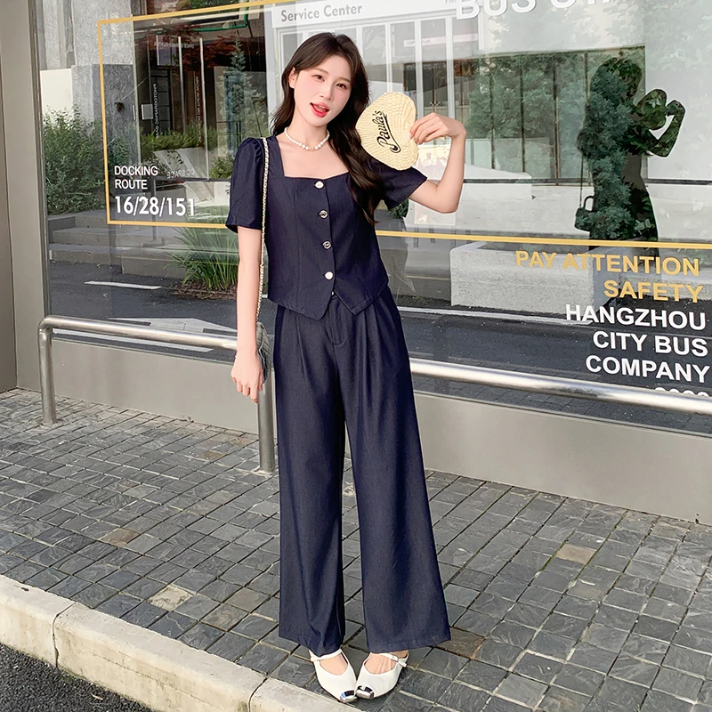 天丝牛仔套装阔腿裤时尚欧洲站夏季新款方领上衣+拖地长裤两件套