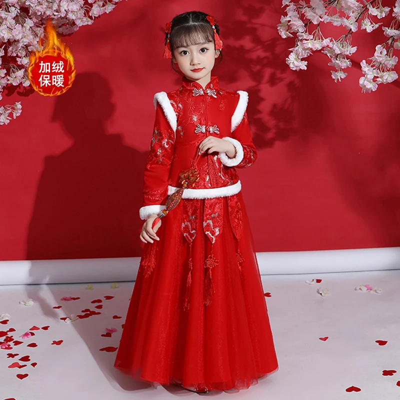 女童冬季加绒中国民族风汉服套装拜年服装儿童裙子中大童装礼服裙