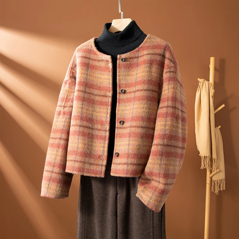 格子冬季上衣单排扣女小香风毛呢外套呢大衣洋气短款格纹韩版