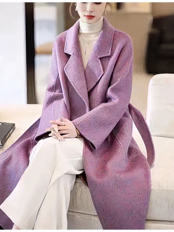 网红时尚女士羊毛秋冬紫色双面呢大衣宽松加厚中长款气质外套韩版