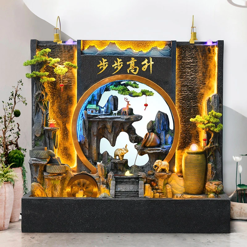 中式金色假山风水流水生财摆件庭院客厅循环水屏风鱼缸喷泉水幕墙