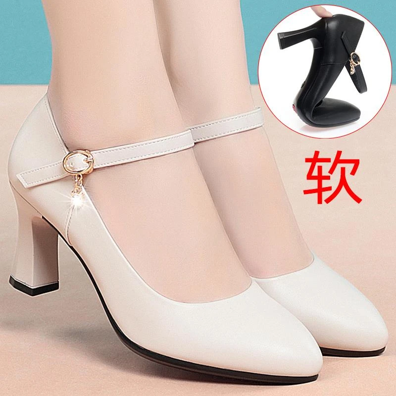 春季真皮白色一字扣带高跟配旗袍跳舞中年妈妈鞋工作皮鞋单鞋女鞋
