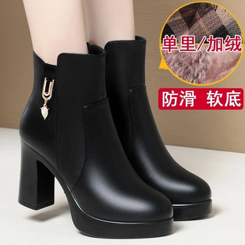 洋气新款马丁靴女加绒百搭高跟靴子女款女士棉鞋短靴女真皮皮靴