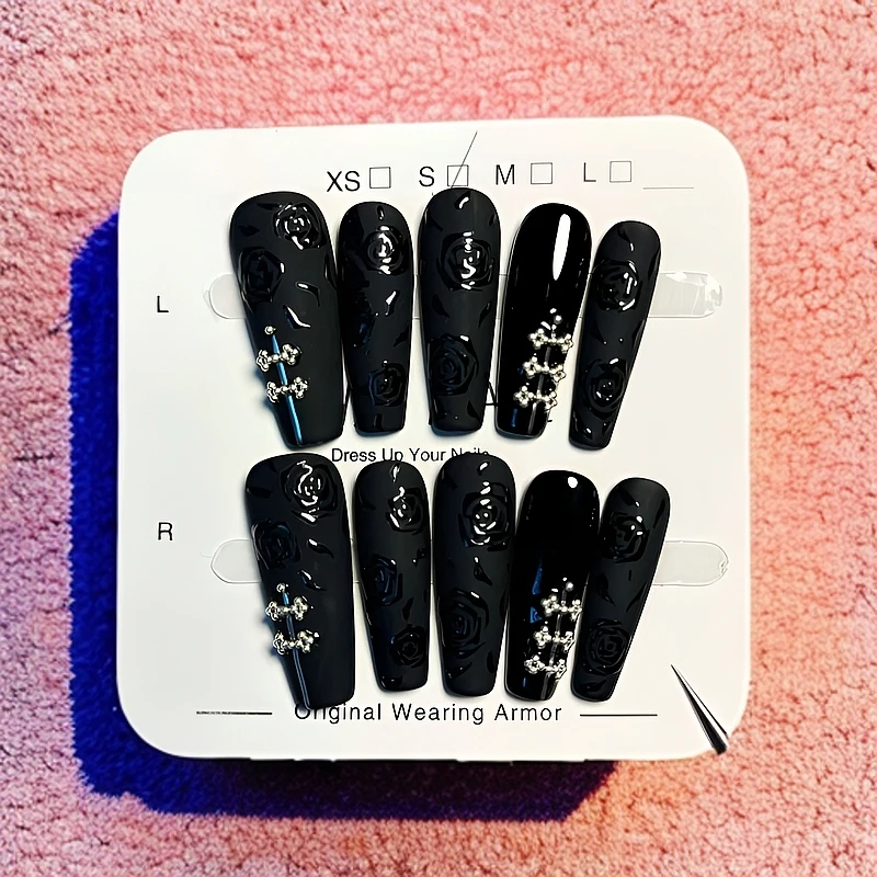 XIXI高定专属【幽兰】手工穿戴甲 中国风手绘旗袍暗花 酷黑磨砂缎面