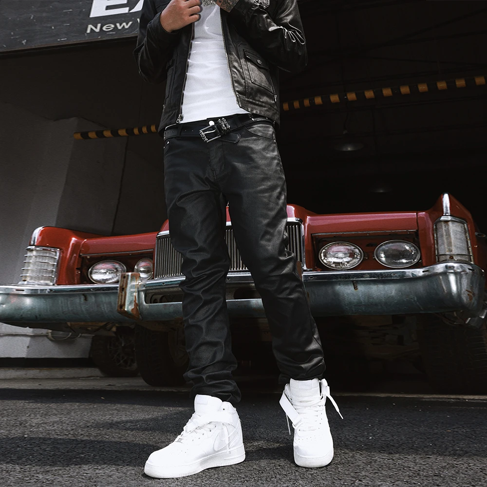 South美式街头微弹修身小脚基础百搭嘻哈高街蜡面水洗牛仔裤子男