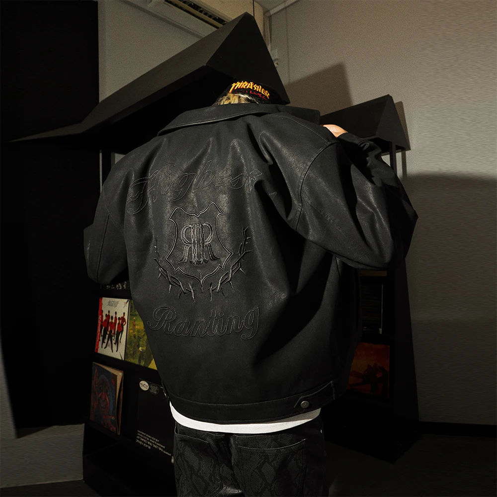 South美式加绒加厚潮牌刺绣皮衣宽松机车外套高街复古PU冬季棉服