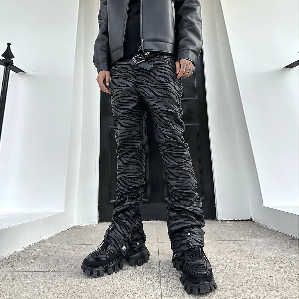 South国潮ins直筒微喇潮牌蛇纹休闲裤男宽松高街PU皮hiphop裤子