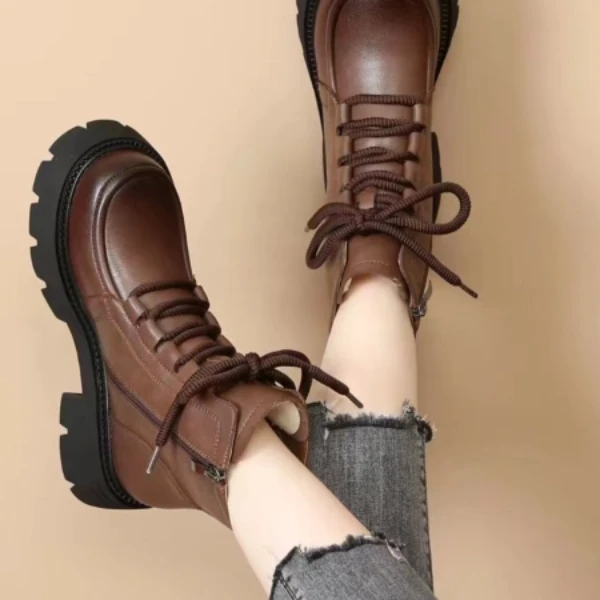 女士鞋2025新款马丁靴女冬季加绒棉鞋时尚厚底英伦风系带百搭短靴