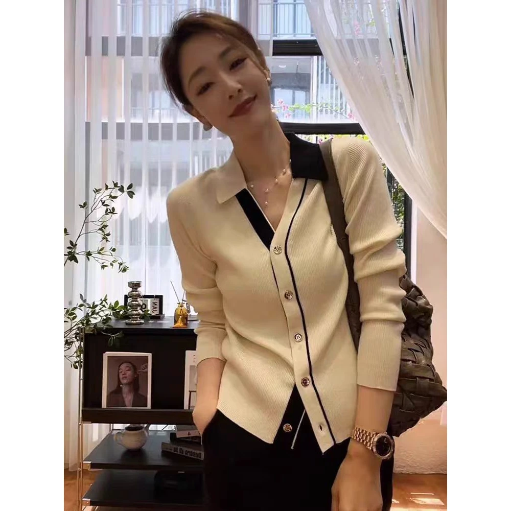 针织开衫秋季POLO领撞色长袖轻熟风修身百搭上衣女时尚轻奢外套