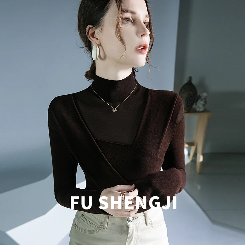 芙笙纪双面德绒拼接网纱上衣春秋新款内搭打底衫设计感小衫