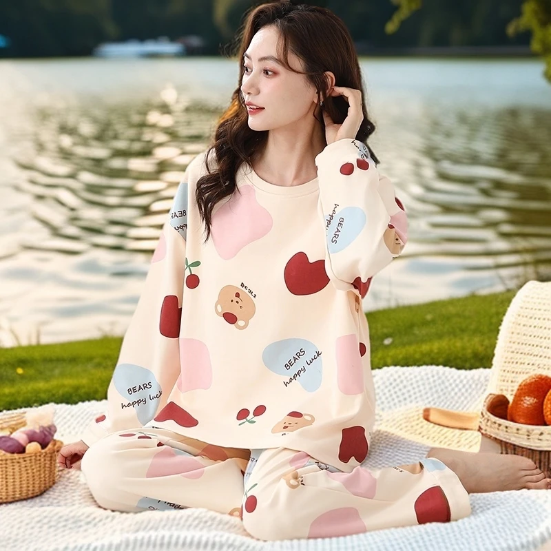 秋冬季新款卡通印花宽松长袖睡衣女套装韩版风格适合外穿休闲舒适