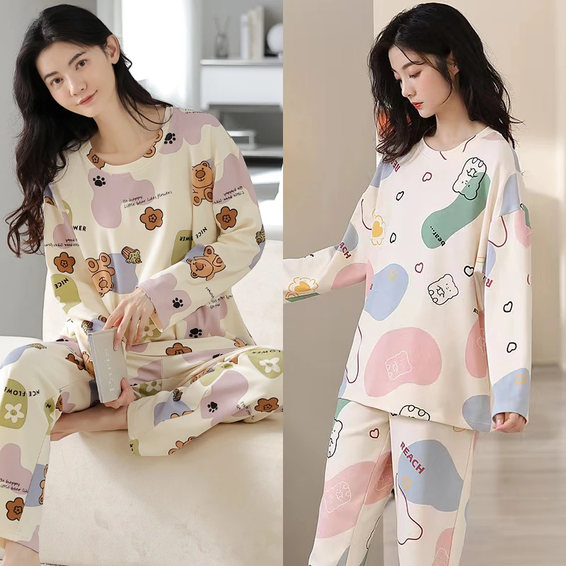 买一送一秋冬季长款卡通印花睡衣女宽松休闲家居服可爱套装可外穿