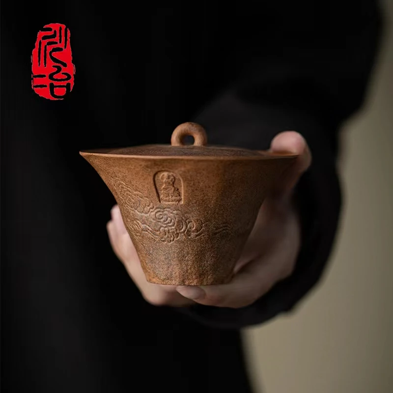 川冶老岩泥马蹄陶瓷敦煌二才盖碗中式复古茶道粗陶茶器容量120C