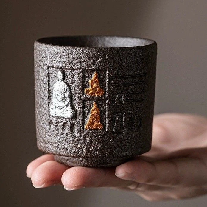 复古粗陶浮雕敦煌隐士主人茶杯侘寂风格中式茶道老岩泥品茗杯