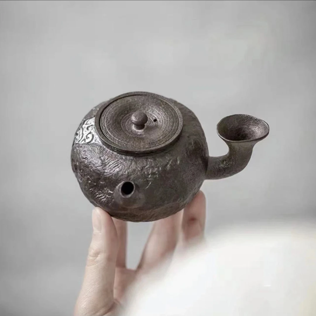 铁锈釉侧把壶老岩泥茶壶家用功夫茶具粗陶泡茶器