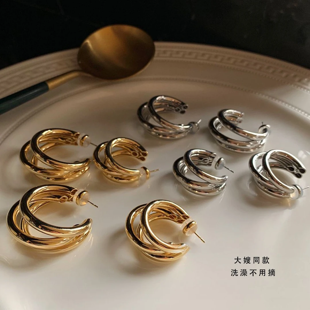 钛钢耳饰 大嫂同款冷淡风复古个性三层耳环时尚饰品不掉色耳饰女