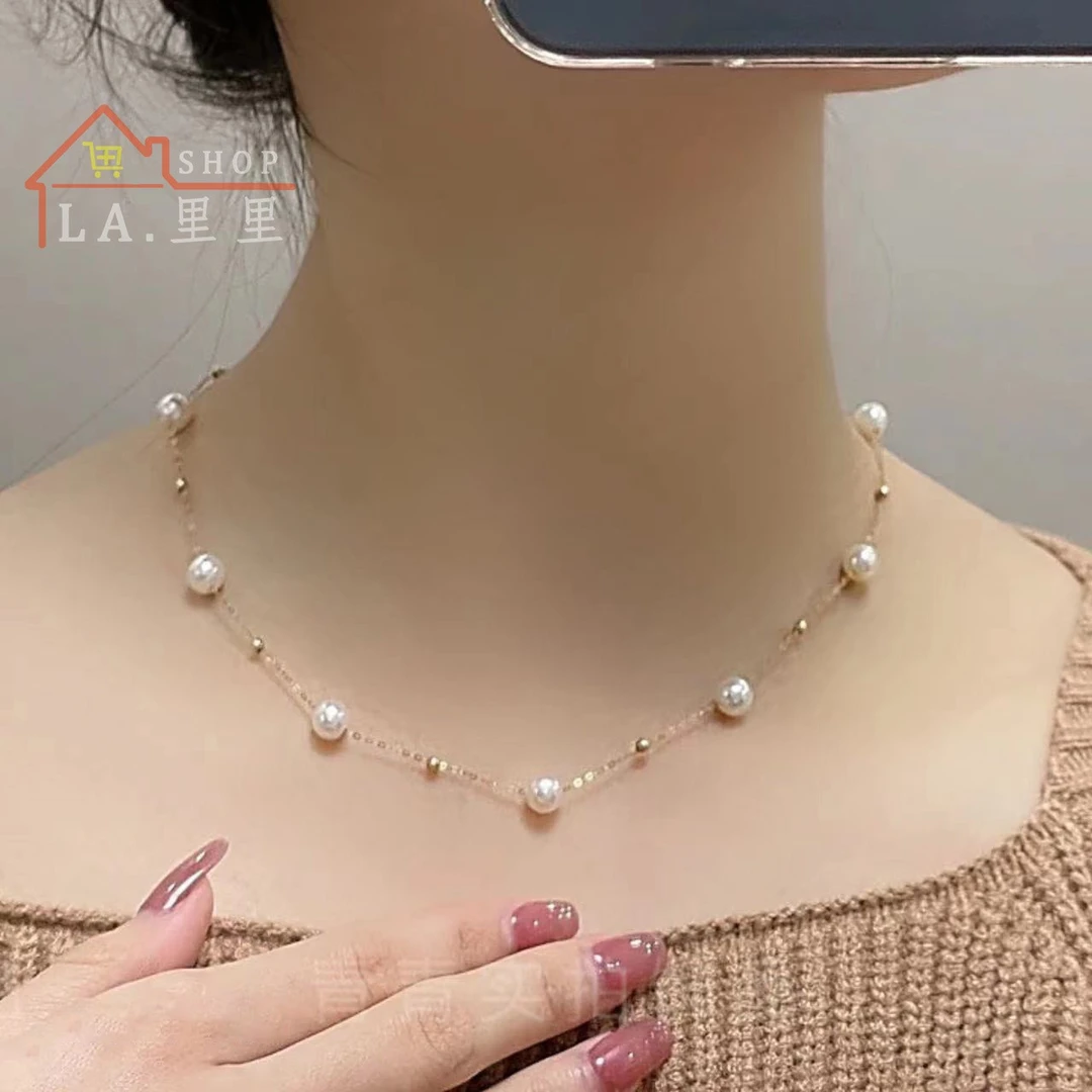 钛钢项链 满天星高光感正圆贝珠复古小众贝珠项链饰品时尚妈妈款