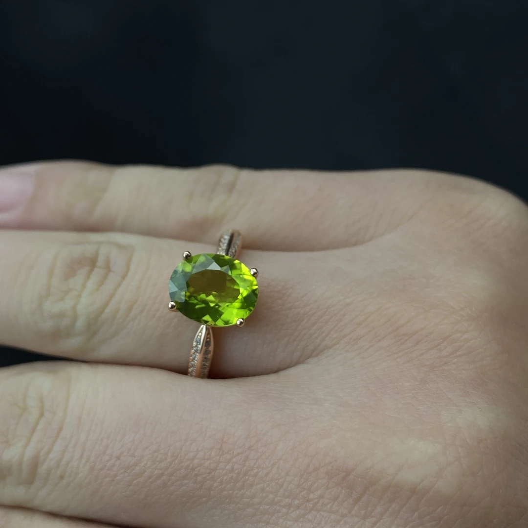 8*10mm天然橄榄石戒指s925银镀玫瑰金女款活口可调节