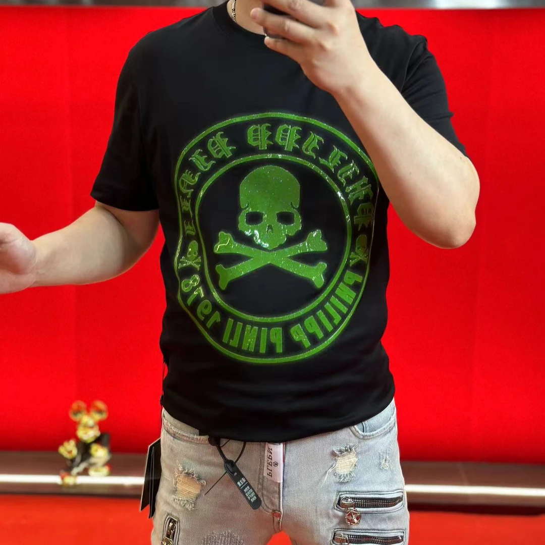 PP定制轻奢潮流夏季百搭时尚液氨棉重烫钻高街款骷髅头潮牌24052