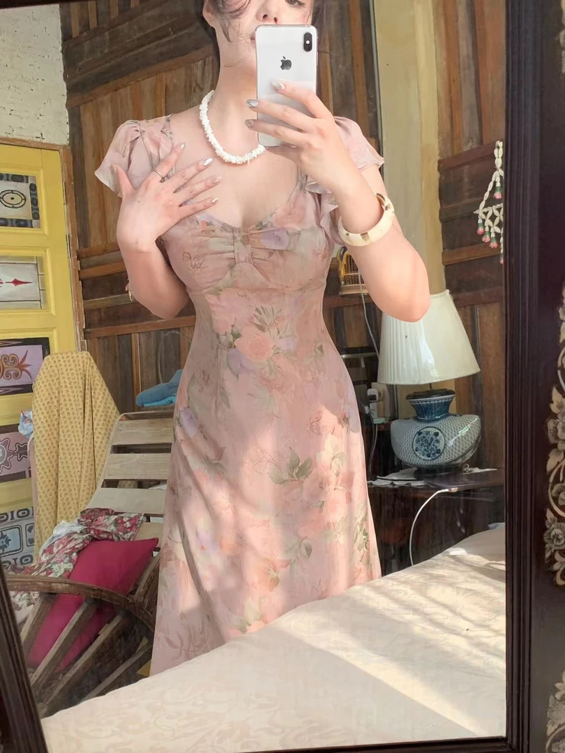 清仓《干枯玫瑰》2024夏款新品法式玫瑰修身显瘦气质飞飞袖连衣裙