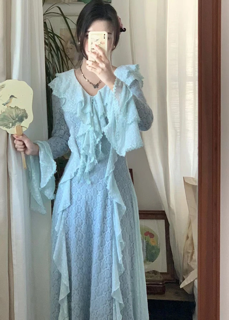 清仓《蓝色焰火》2023秋冬法式提花蓝蕾丝流速大摆轻奢连衣裙长