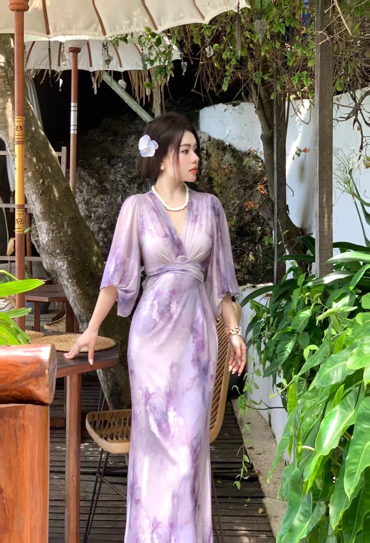 满满专属《紫杉木》贾大猫2025春夏新款晕染紫碎花弹力网纱气质J14