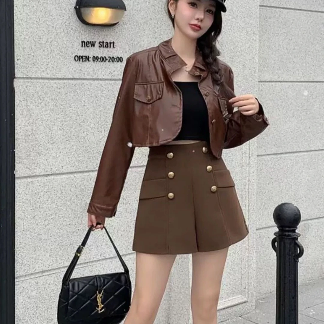 8099#短裤气质显瘦高腰百搭复古短裤设计感网红韩版ins短裤