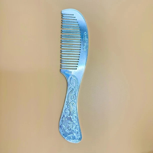 足银银制品 牡丹发梳  活动款足银999纯手工錾刻爆款长柄梳102克