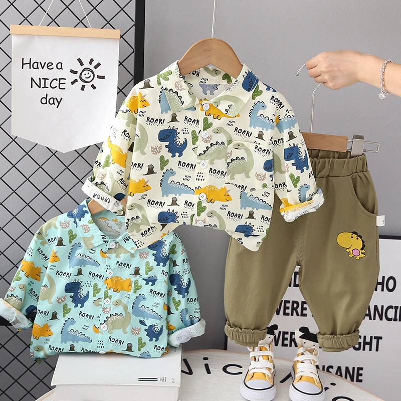 男童秋装套装2023新款春秋季满印恐龙衬衫两件套宝宝洋气衣服潮