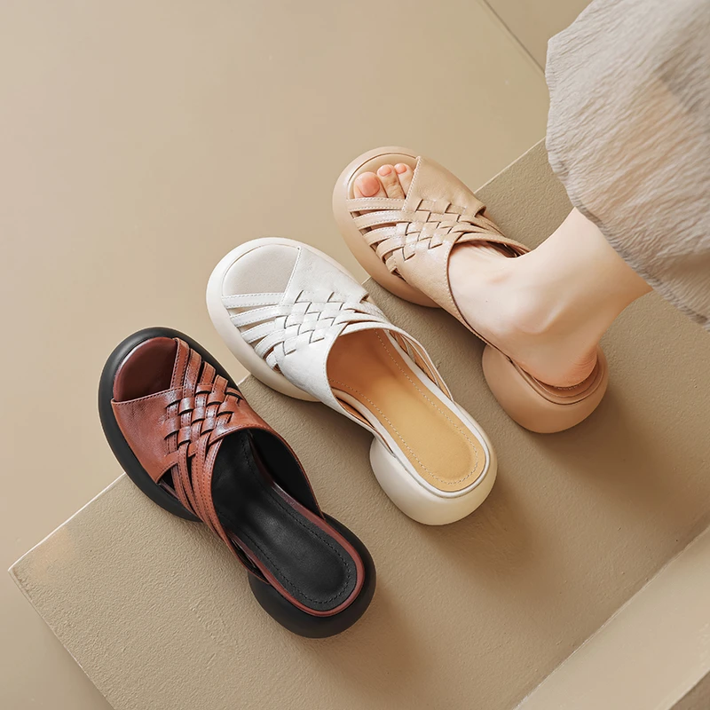 真皮厚底凉鞋女2024夏季新款粗跟高跟外穿拖鞋百搭编织包头半拖鞋
