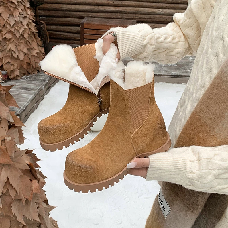 纯羊毛雪地靴真皮羊羔毛冬季短靴女加绒加厚内增高皮毛一体马丁靴