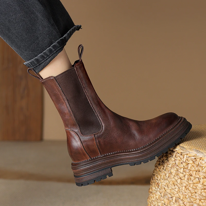 全真皮切尔西靴水洗马皮复古短靴内增高美拉德棕色厚底烟筒马丁靴