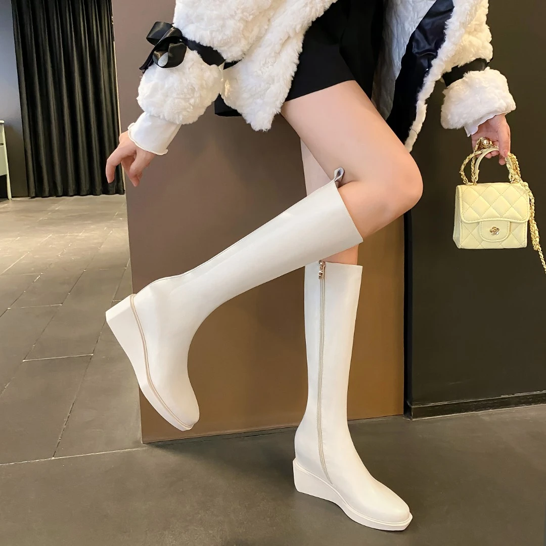 内增高长筒长靴真皮马丁靴小个子坡跟厚底定制大小腿围新款小个子