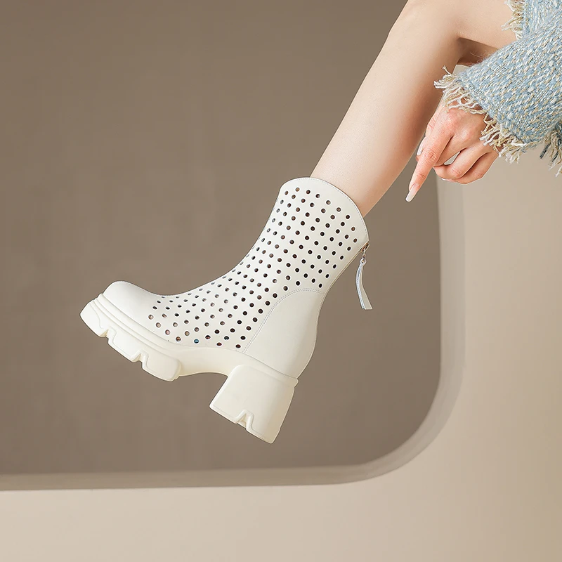 白色夏粗跟靴子短靴高跟网靴打孔洞洞透气夏季厚底凉靴女百搭透气