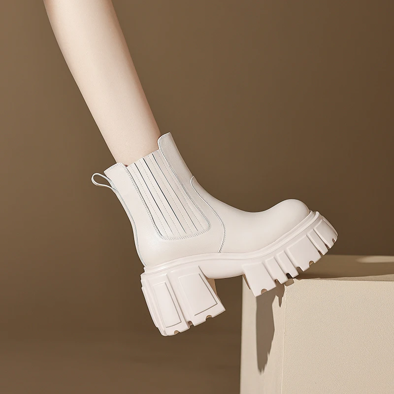 粗高跟厚底切尔西靴女秋冬小个子增高10cm短靴瘦瘦烟筒真皮马丁靴