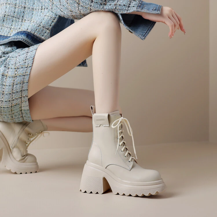 金耿儿10厘米小个子增高短靴全真皮粗高跟厚底白色马丁靴系带秋冬