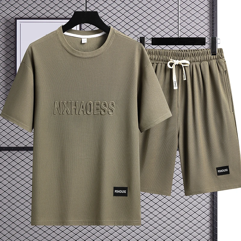 纯色运动服套装男士短袖t恤搭配帅气夏季2024新款休闲短裤一套男