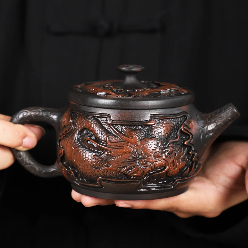 妍器云南紫陶壶全手工大容量龙凤壶浮雕家用茶壶高档复古中式礼品