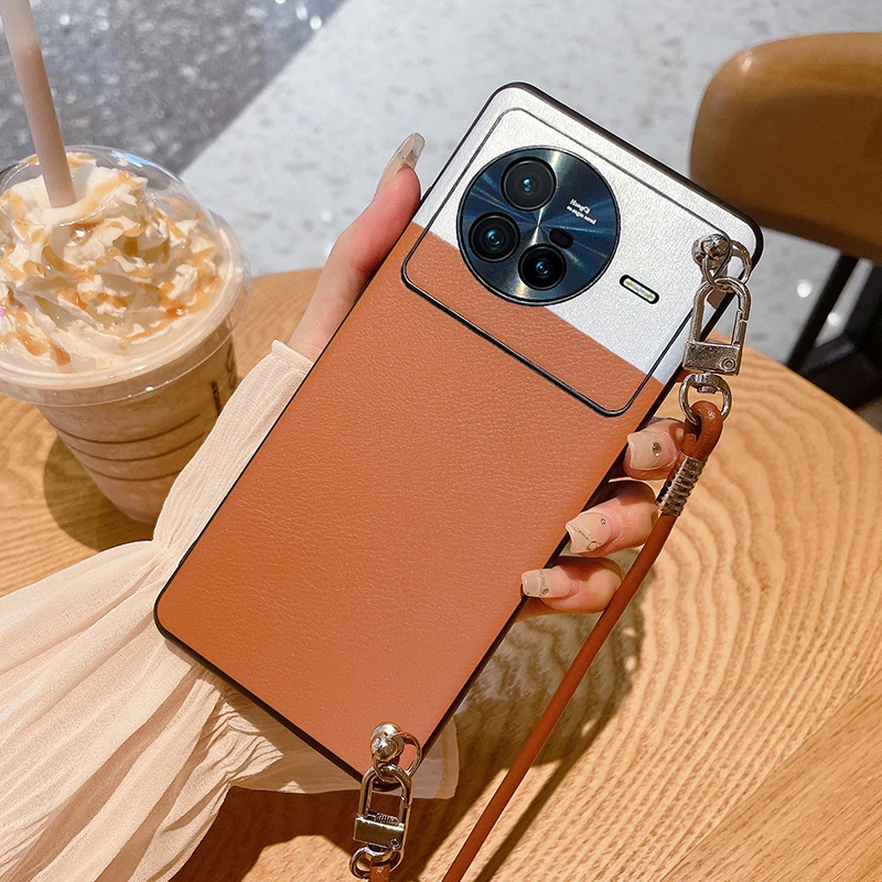 vivo x80手机壳新款女带斜挎挂绳x80pro保护套全包防摔网红拼色壳
