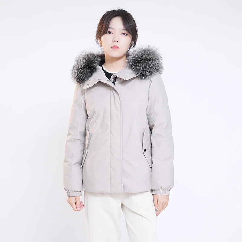 连帽鹅绒服轻奢银狐毛领高端女冬派克羽绒服保暖 24355
