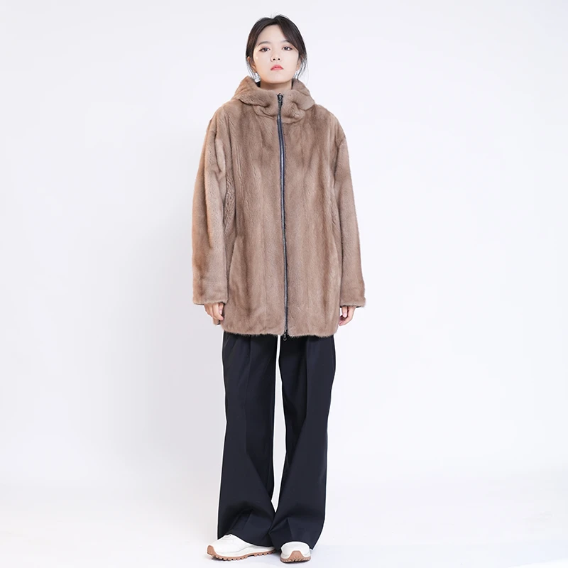 进口整张水貂双面穿连帽冬女皮草大衣经典 24710