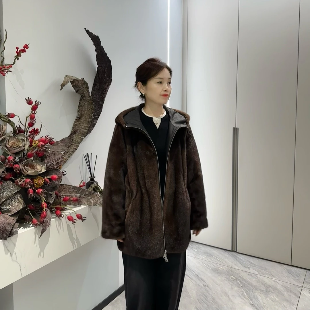 香云纱 丹麦进口咖啡貂本色双面穿外套香云纱高货连帽水貂 246255