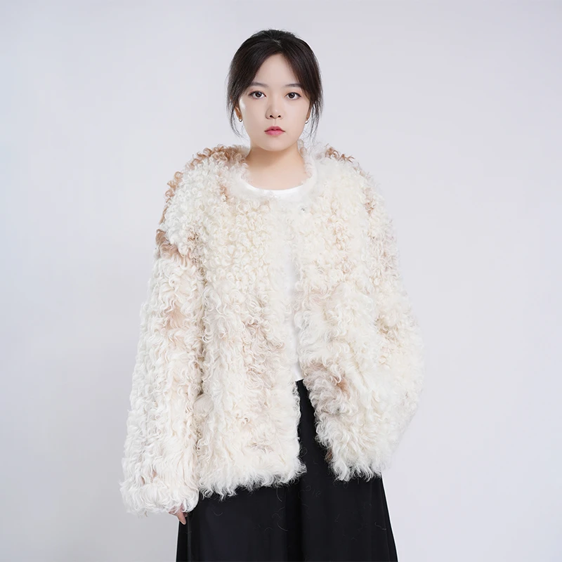 YVONNEZHOU皮毛一体外套女保暖卷毛皮草大衣真皮简约秀款23682