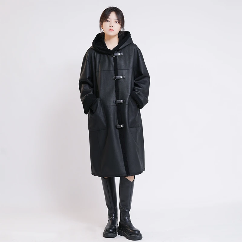进口拉贡皮毛一体外套双面穿连帽皮草长大衣女 24638