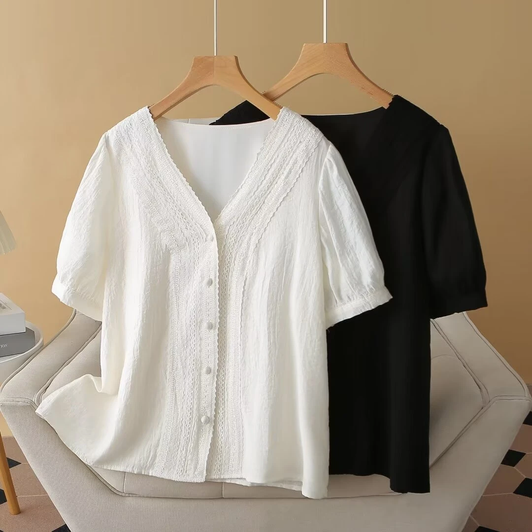 胖mm大码短袖夏装蕾丝拼接V领宽松遮肚衬衫薄款透气显瘦休闲上衣