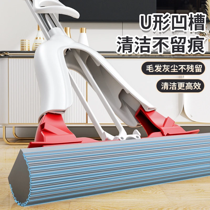 新款一键换头胶棉拖把大号不锈钢加强伸缩杆对折吸水吸毛发海绵拖