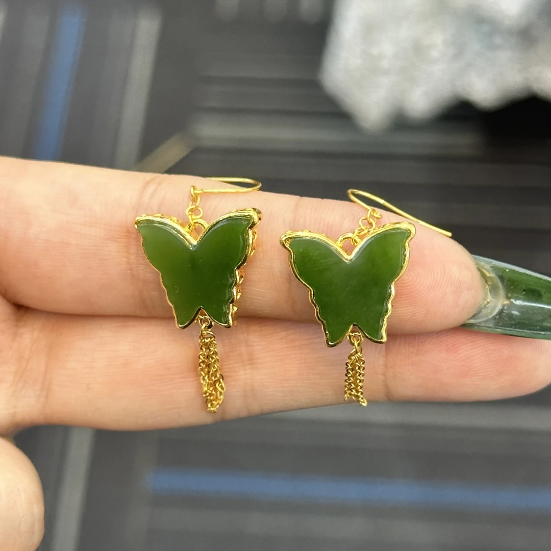 YWF0605天然俄罗斯碧玉蝴蝶耳坠