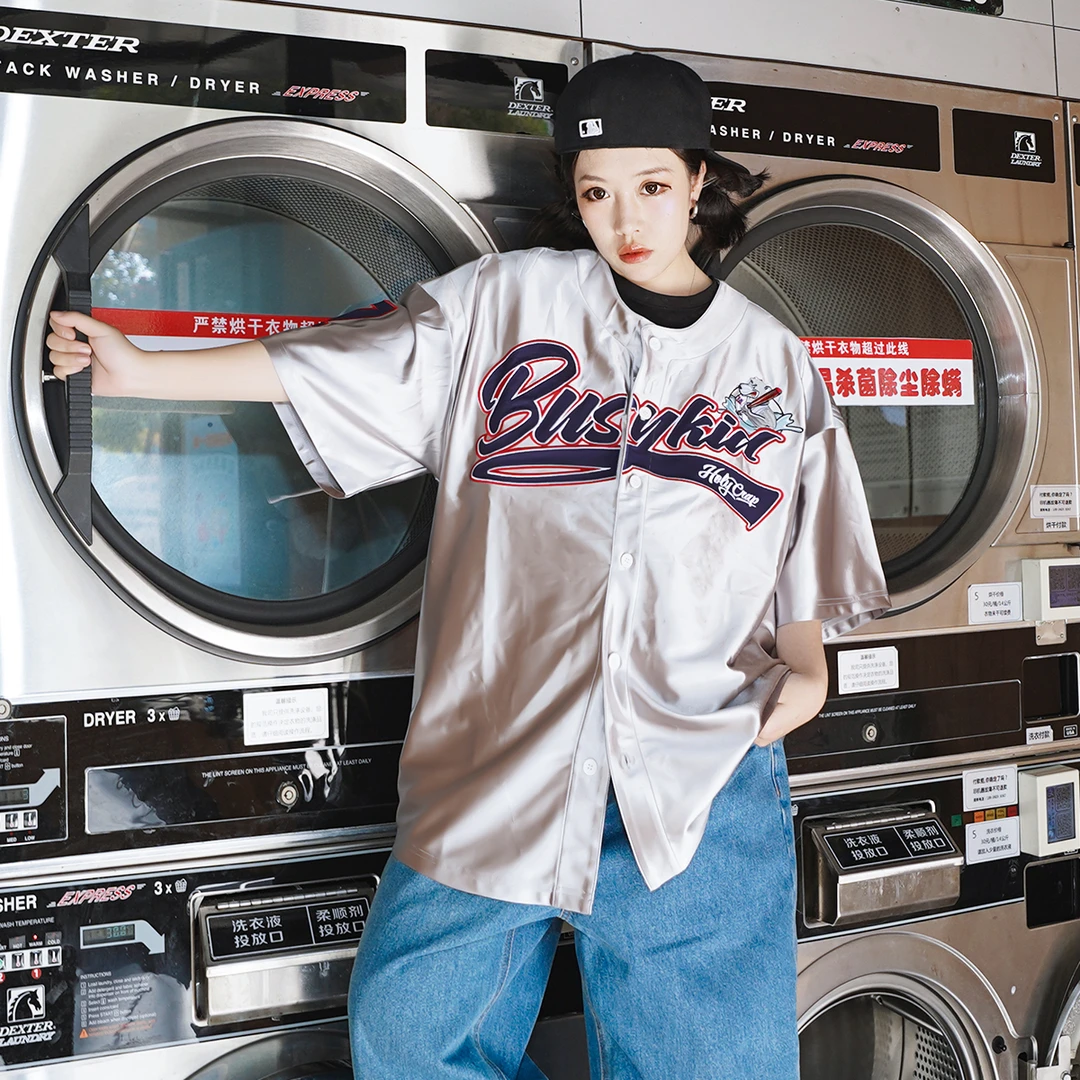 Holycrap渐变反光银色7号刺绣美式棒球短袖T恤开衫街舞hiphop半袖